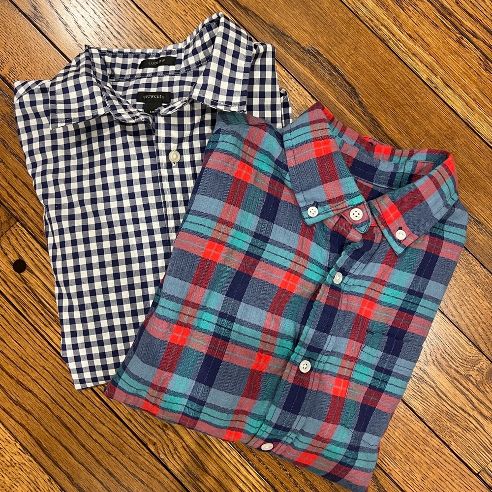Crewcuts flannel button down & Ludlow button down dress shirt, youth size 10.